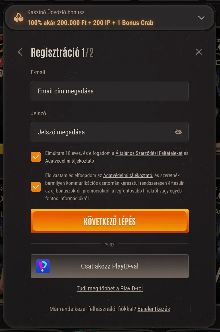 Regisztrációs űrlap a Neon54 casino